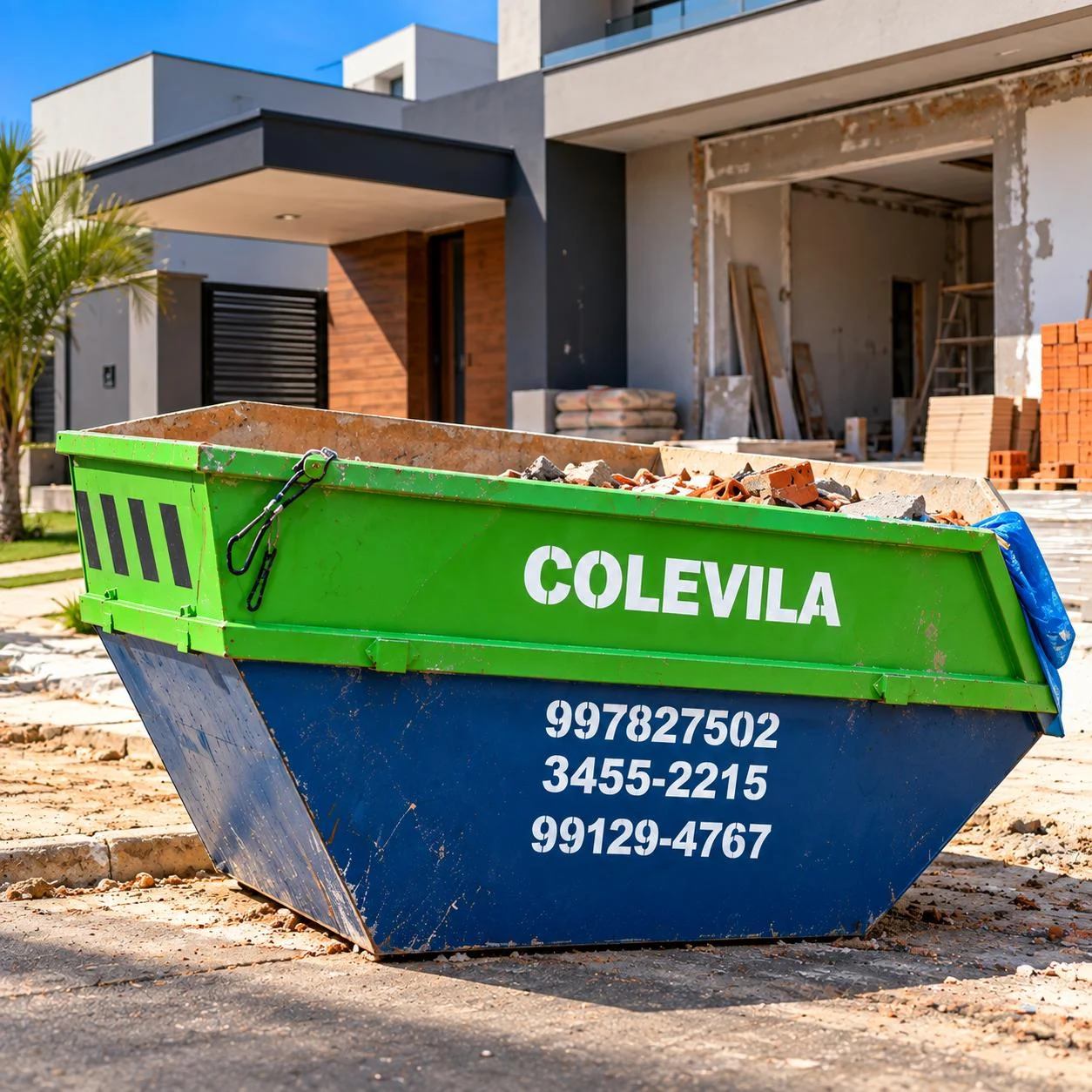 Caçamba da Colevila em frente a uma residência em reforma